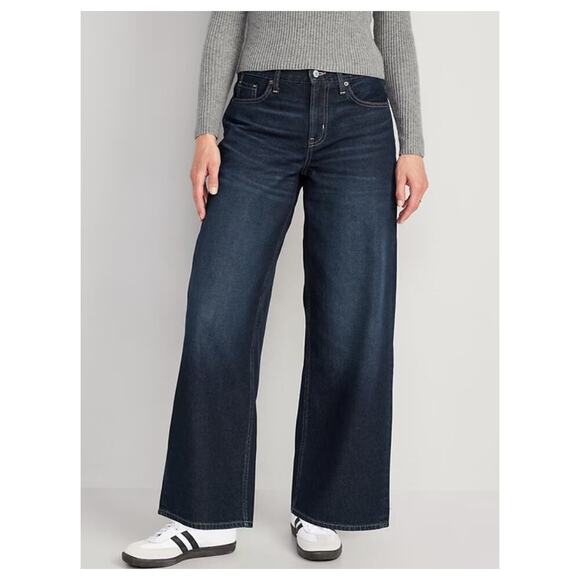 Old Navy Mid Rise Baggy Wide Leg Jeans Dark Wash Blue Denim High Waist Size 26 - Picture 1 of 6